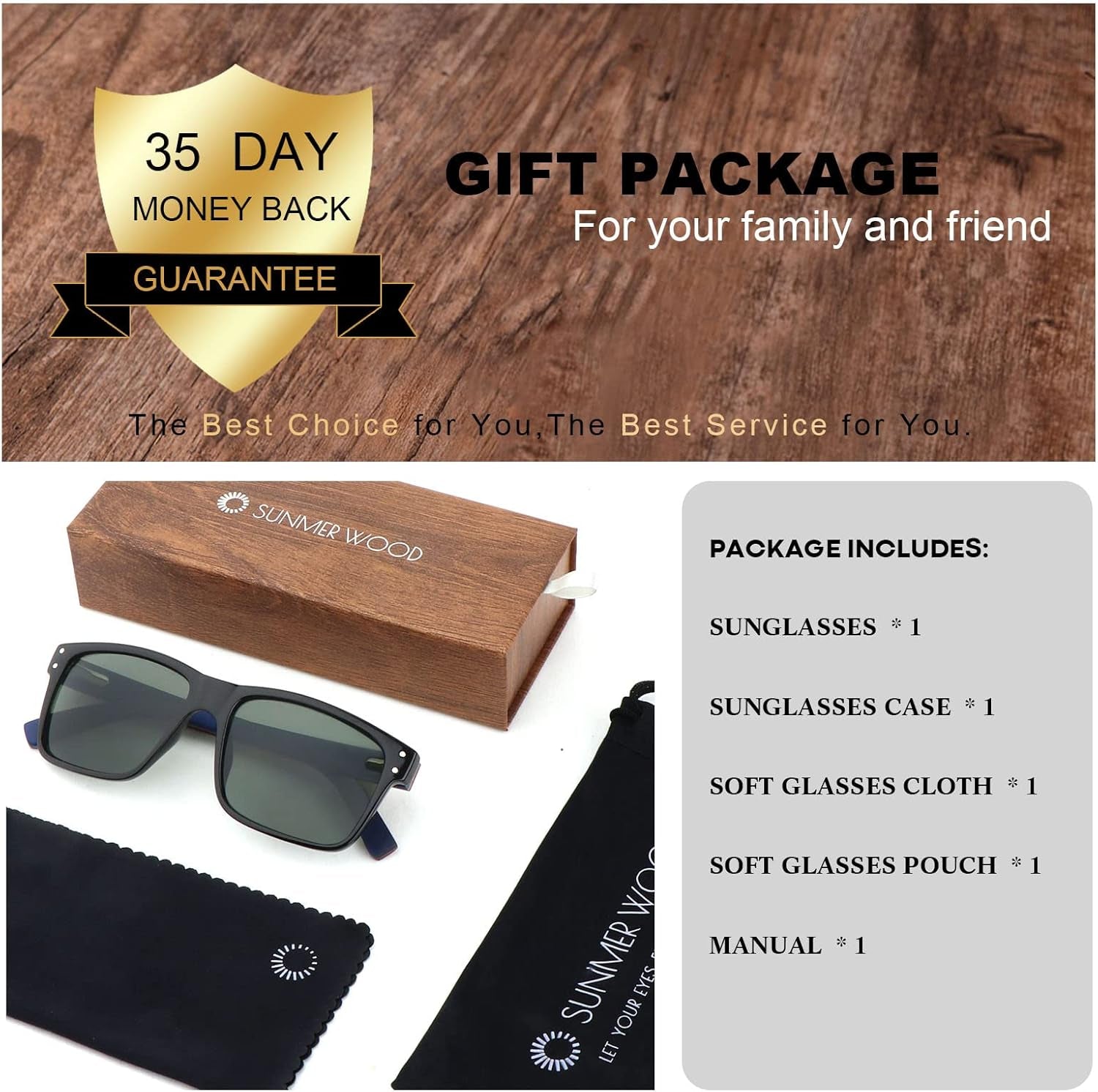 Wood Sunglasses for Men and Women Vintage Polarized Lenses Uv Protection Bamboo Wooden Sun Glasses