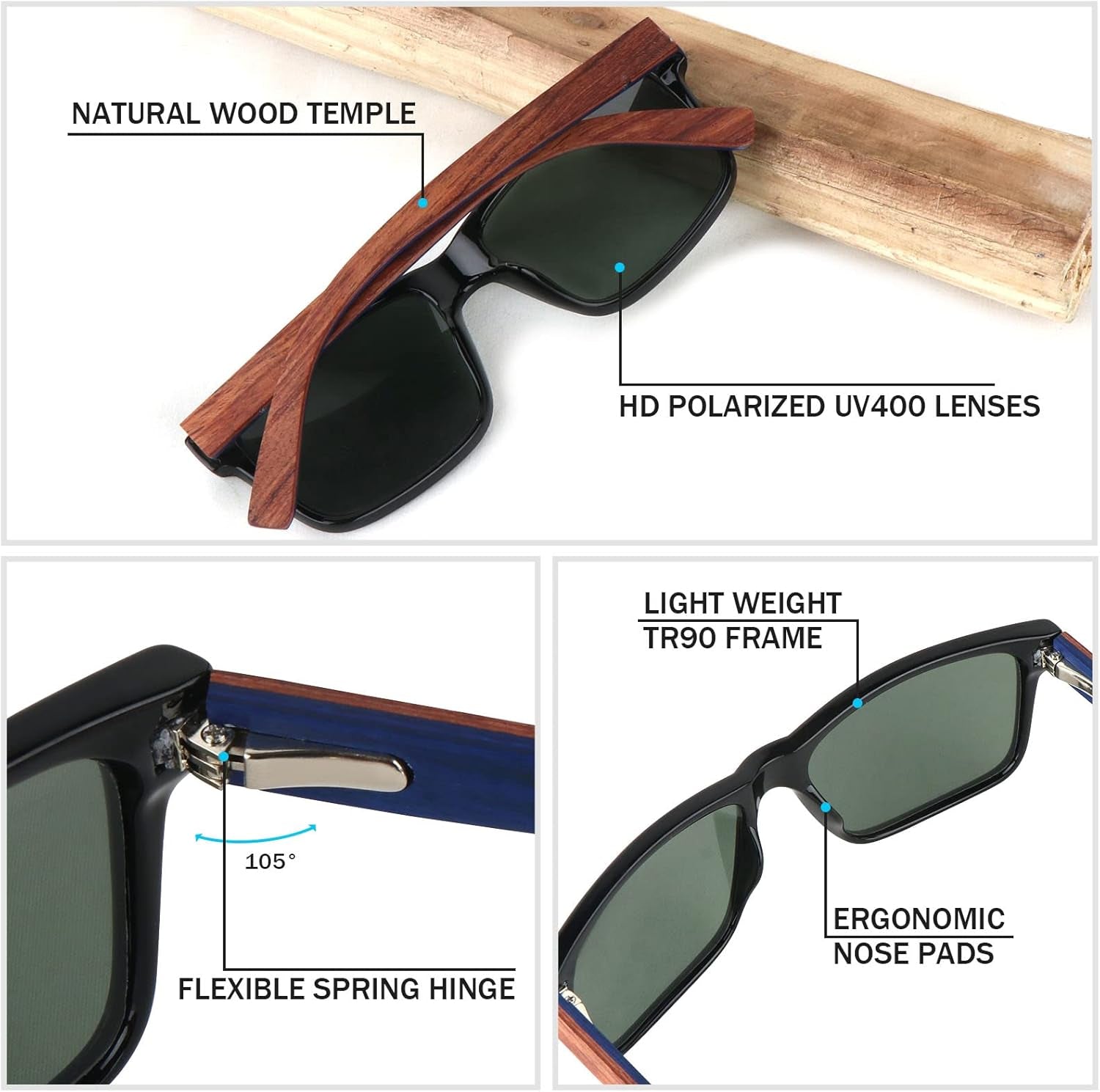 Wood Sunglasses for Men and Women Vintage Polarized Lenses Uv Protection Bamboo Wooden Sun Glasses
